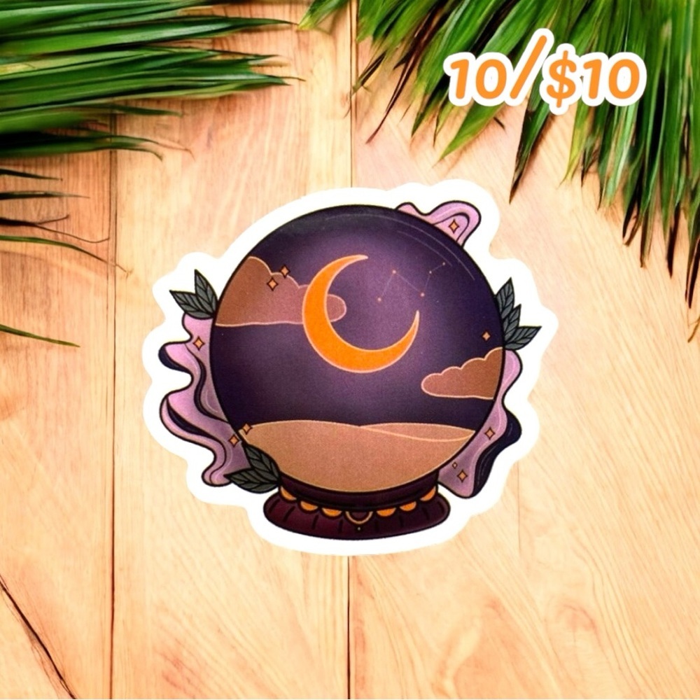 Moon & Stars Crystal Ball Sticker – Witchy Celestial Mystic Aesthetic